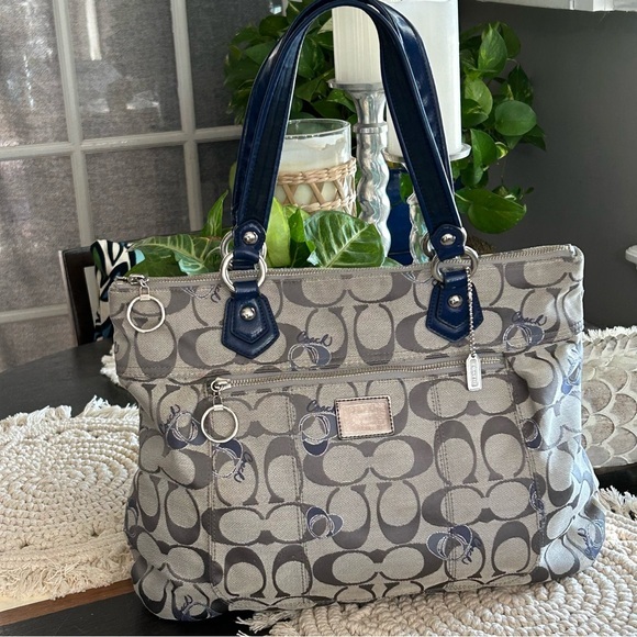 COACH “Poppy” Large Canvas Logo ShoulderTote Bag 18711 Gray~Blue~Silver - Picture 1 of 16